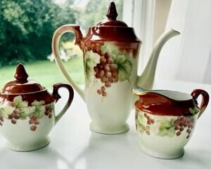 Chocolate Pot Mini Set Hand Painted Signed Grape Leaves Teapot Sugar Creamer
